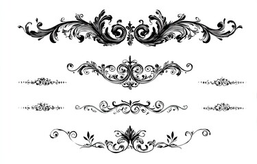 Ornate decorative flourishes in black ink on white background.  Set of  decorative dividers, with various swirling, leaf-like, and floral motifs