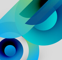 Abstract composition. Overlapping circles, gradients create dynamic visual effect. Cool blues, greens dominate design. Minimalist aesthetic.
