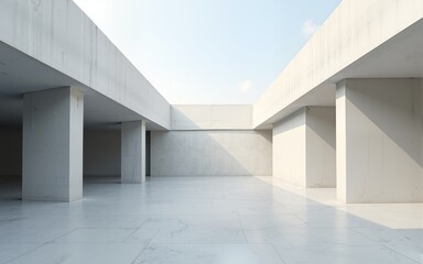 Obraz premium 3d render of abstract modern concrete architecture with empty cement floor, minimal exterior, car presentation background. High quality