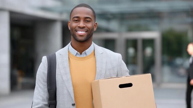 Farewell, Next Chapter: A man confidently steps into a new beginning, carrying a box and gazing into the future with a smile, symbolizing transition and new opportunities.