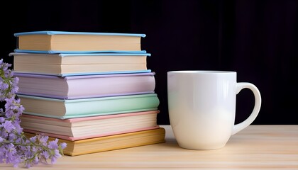Stack of Pestel books next to a white coffee mug and flowers