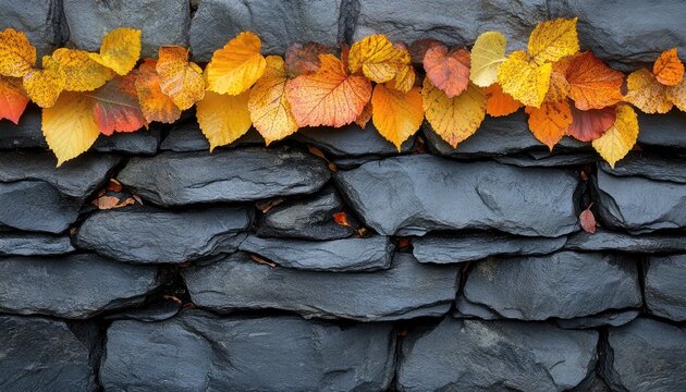 Autumn leaves on a wet, dark stone wall create a rustic textured border. Great for seasonal designs, backgrounds, or nature themed projects.