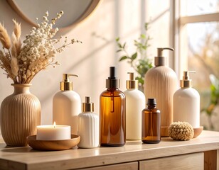 Retro-vintage styled skincare bottle setup with warm grainy texture, faded pastel props, and nostalgic lighting, 8k.