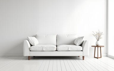 View of white living room in minimal style with sofa and small side table on laminate floor.Perspective of interior design. 3d rendering. High quality