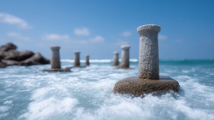 Fototapeta premium Ocean Pillars: The tranquil pillars stand strong amidst the serene blue water under the expansive sky. capturing nature's exquisite beauty.