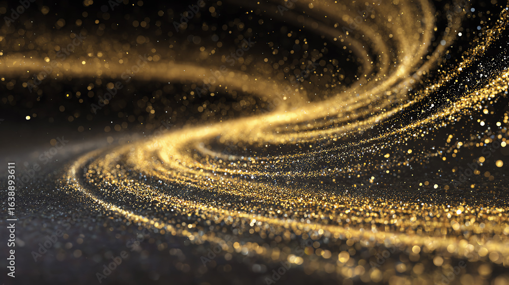 Poster a mesmerizing swirl of shimmering gold particles against a dark background, creating an enchanting a