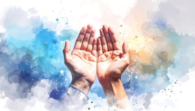 Open hands raised in prayer on abstract watercolor background