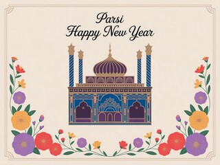 Fototapeta premium Parsi happy new year greeting featuring a beautiful mosque and floral border