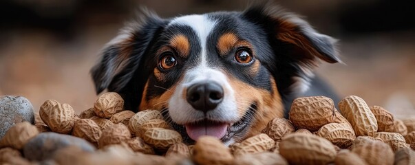 happy tricolor dog laying down among scattered unshelled peanuts with bright expressive eyes and tongue slightly out