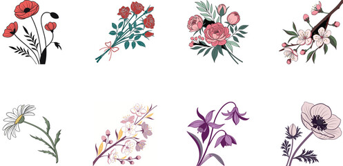 Bundle of 8 Colorful Botanical Flower Illustrations – Vintage Floral Clipart Set for Print, Design, and Digital Art Projects