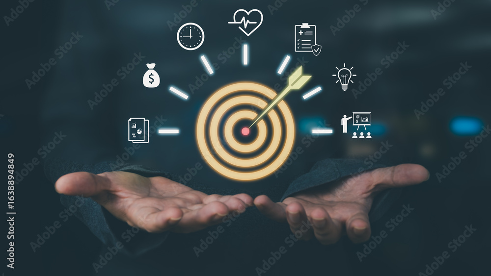 Poster a person in a suit presents a virtual interface with a central target and arrow, surrounded by icons