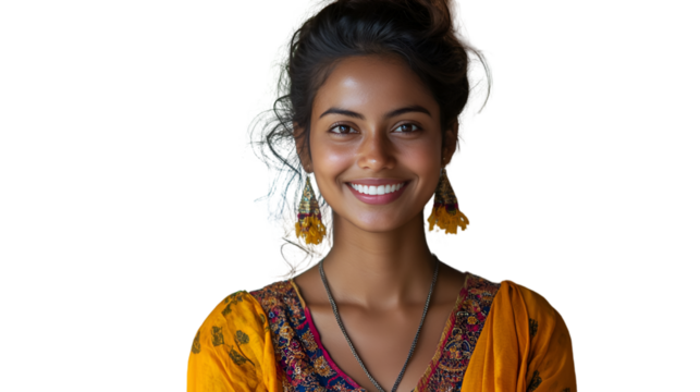 Portrait of beautiful woman smiling with traditional indian clothing and jewelry head and shoulders shot against white transparent background	