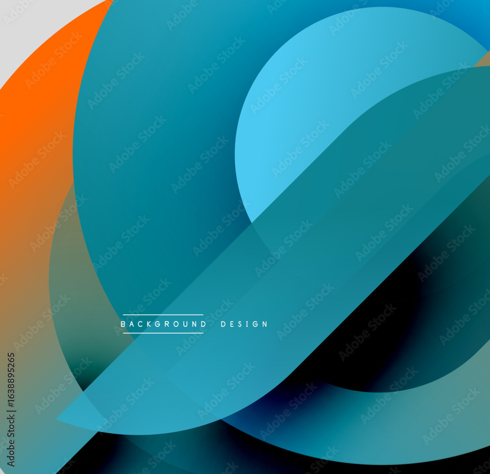 Poster abstract design features overlapping colorful shapes. teal, orange, blue hues create dynamic composi