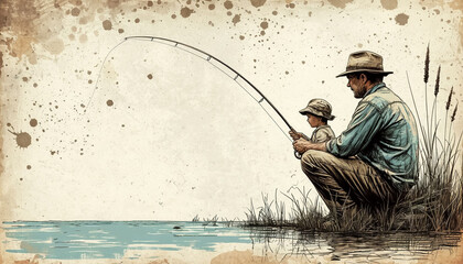 Doodle dad and son fishing on vintage background - Father's Day card template