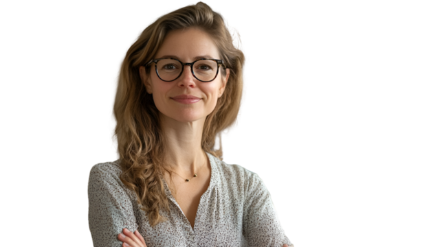 Portrait of smiling woman wearing glasses business professional headshot isolated on black background happy face against white transparent background	