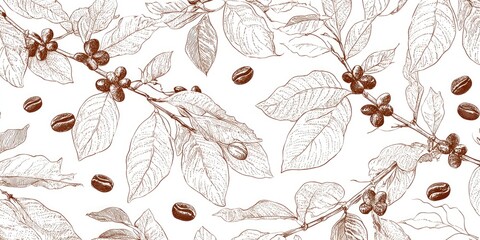 Detailed hand-drawn pattern of coffee plants.  Botanical illustration of coffee beans, leaves, and branches.  Repeatable design.  Line art style with rich brown tones