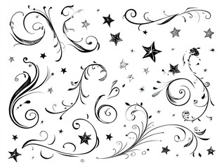Ornate black-and-white decorative elements.  Swirls,  stars,  floral patterns