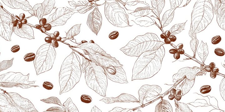 Detailed hand-drawn pattern of coffee plants.  Botanical illustration of coffee beans, leaves, and branches.  Repeatable design.  Line art style with rich brown tones