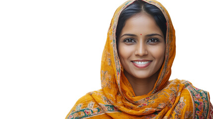 Portrait of smiling indian woman in traditional dress headscarf and bindi looking at the camera close up view against white transparent background