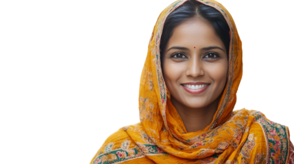 Portrait of smiling indian woman in traditional dress headscarf and bindi looking at the camera close up view against white transparent background	