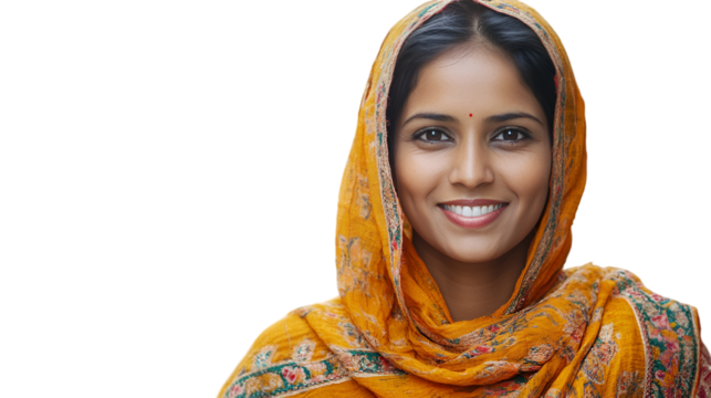 Portrait of smiling indian woman in traditional dress headscarf and bindi looking at the camera close up view against white transparent background	 - Powered by Adobe