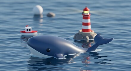 Cartoonish Whale in a Playful Maritime Scene with Lighthouse and Boat