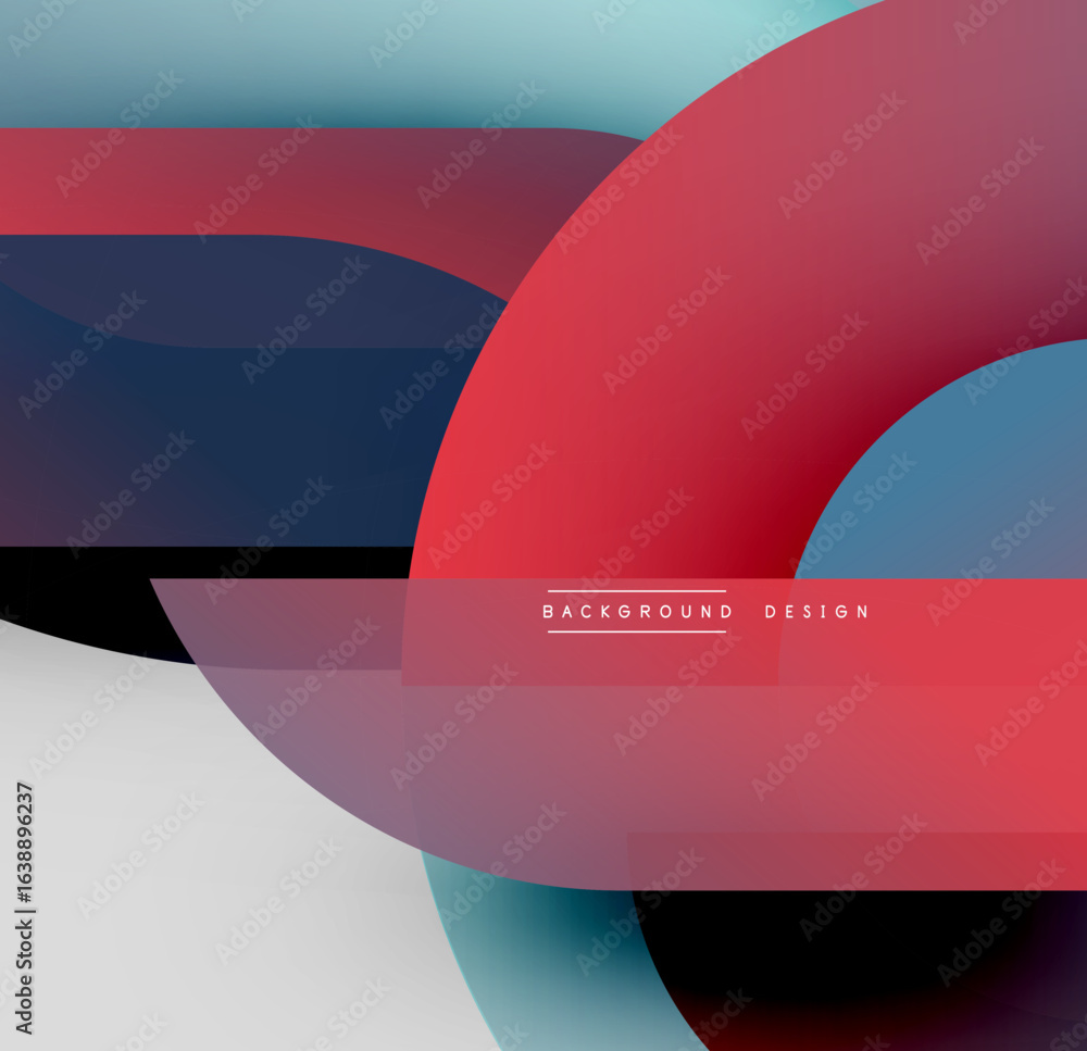 Poster abstract geometric shapes overlap. red, blue, navy hues dominate composition. modern design elements