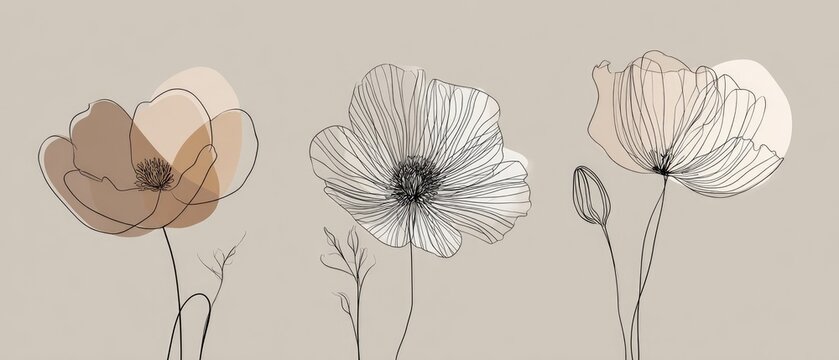 Abstract line art poppies in muted tones