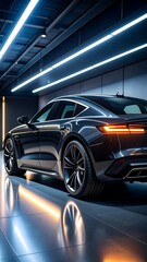 Sleek, dark-colored luxury sedan in a modern garage, reflecting brightly lit floor