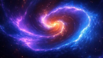 Obraz premium Bright swirling galaxy with glowing purple and blue arms spinning around an intense orange core in deep space