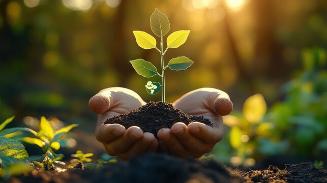 Two hands gently holding soil with a small vibrant green plant seedling growing, illuminated by warm sunlight in a natural outdoor setting