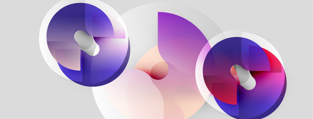 Abstract shapes, vibrant colors, circular forms overlap. Gradient hues create soft visual effect. Modern design, clean aesthetic.