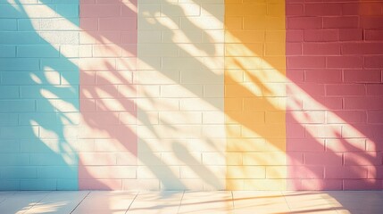 Sunlight casting soft shadows of leaves on a pastel-colored brick wall divided into blue, pink, white, yellow, and orange vertical sections creating a calm and serene atmosphere