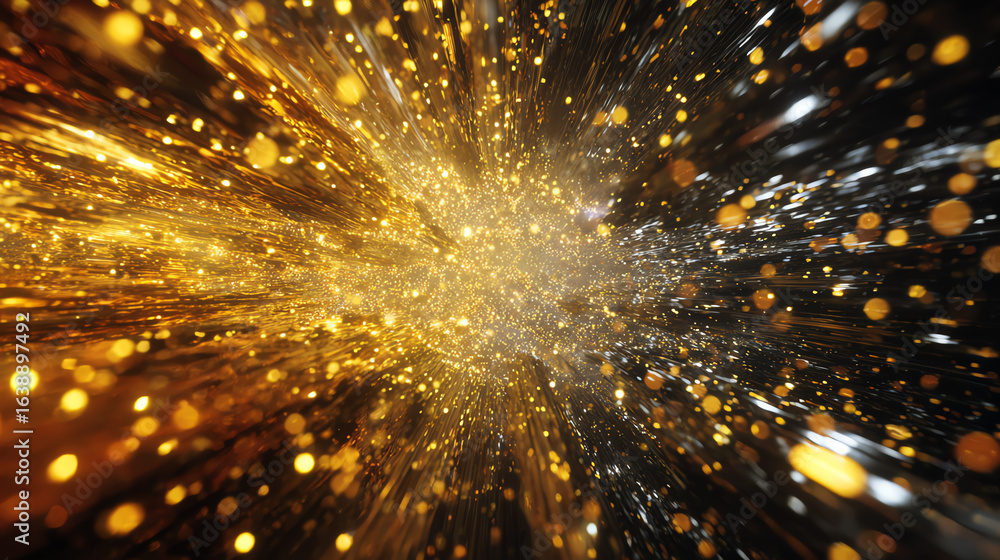 Poster a stunning visual explosion of shimmering golden particles, creating a vibrant and dynamic abstract 