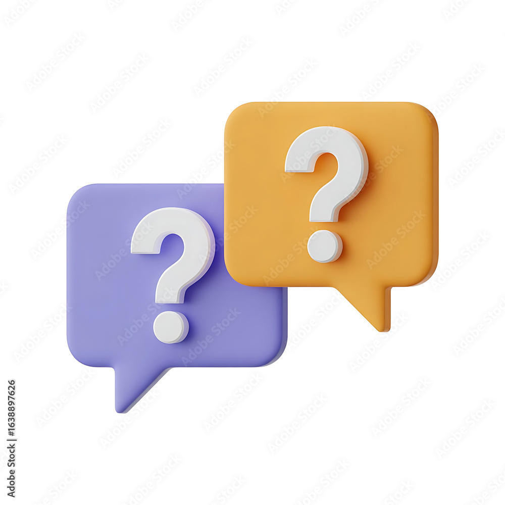 Poster two colorful speech bubbles with question marks inside representing confusion or inquiry isolated on