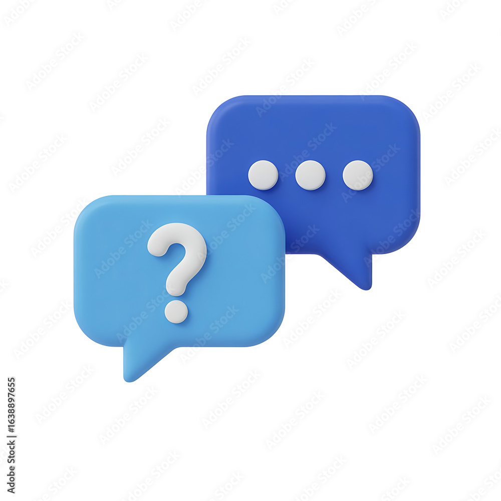 Poster two stylized 3d speech bubbles one with a question mark communicating ideas isolated on transparent 