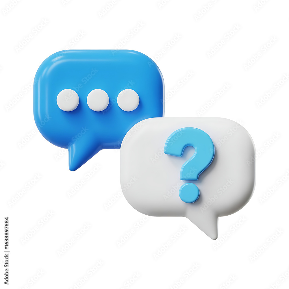 Poster three dimensional blue and white speech bubbles with question mark and dots isolated on transparent 
