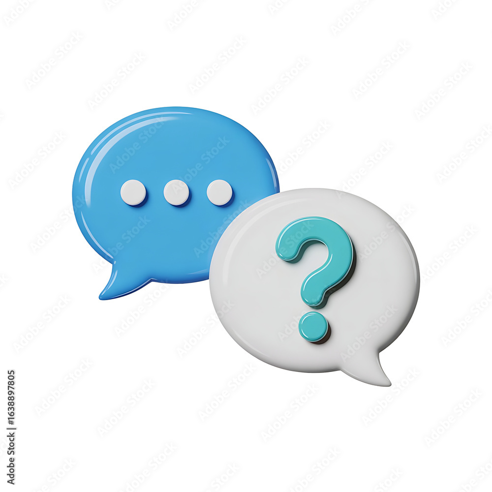 Poster two 3d speech bubbles one with a question mark and one with typing dots isolated on transparent back