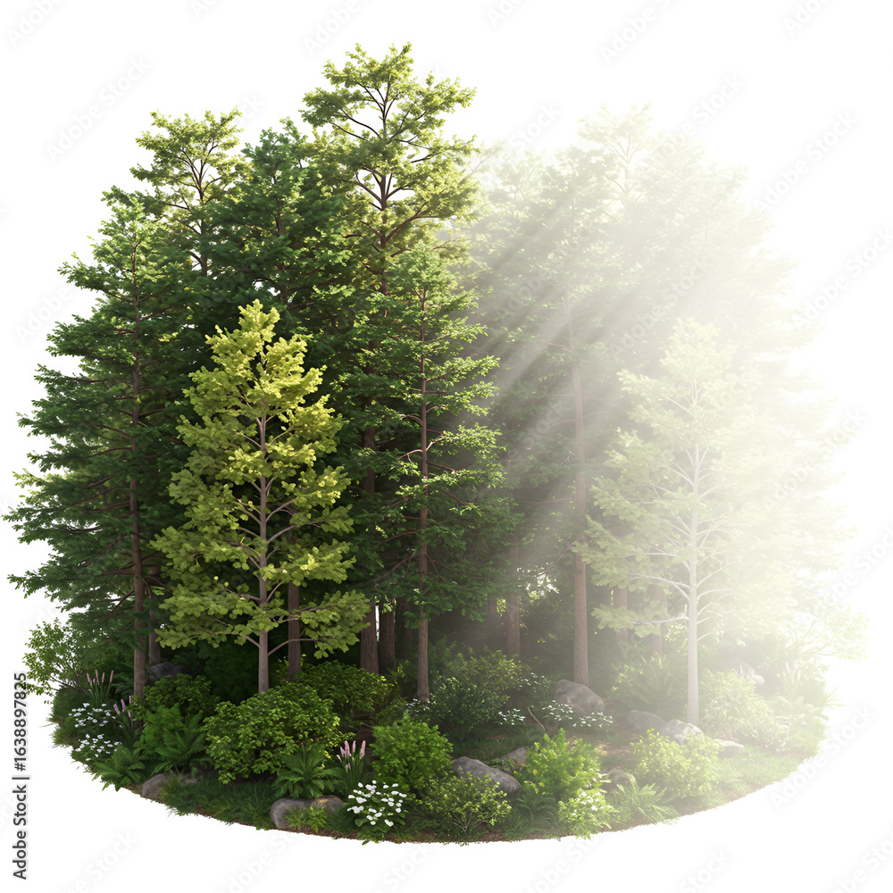 Poster realistic forest illustration with sunlight filtering through trees on transparent background