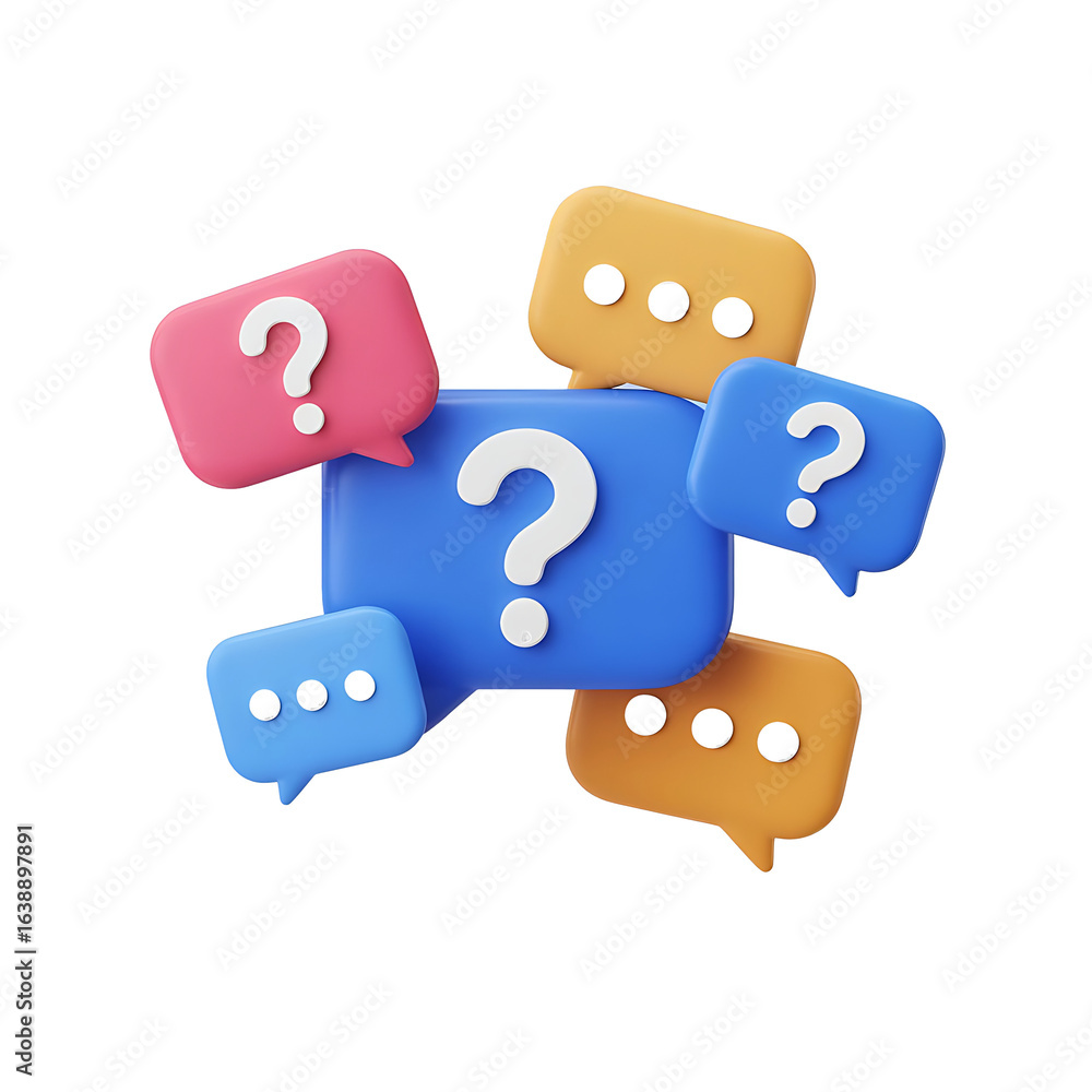 Poster collection of 3d speech bubbles with question marks and ellipses representing communication and inqu