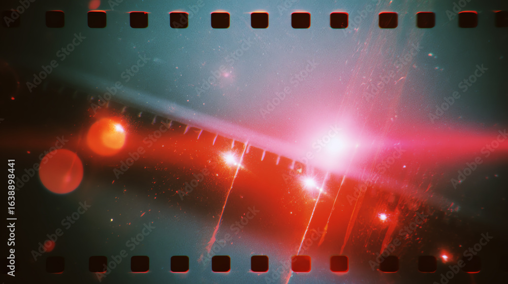 Poster a vibrant abstract image featuring light flares and film strip elements, creating an artistic and dy