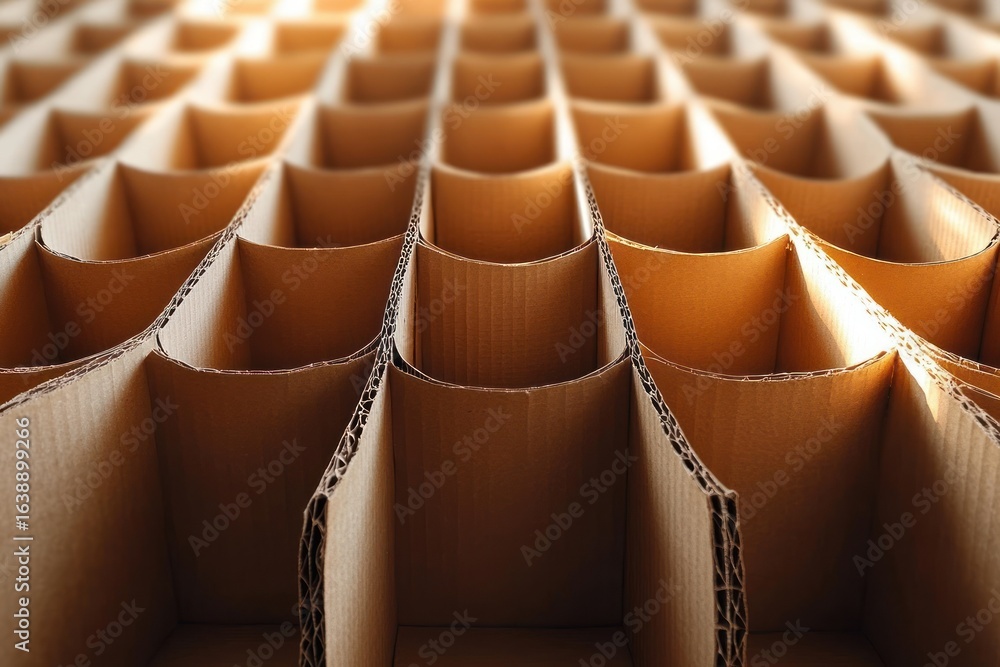 Poster close-up view of a grid-like pattern made from interlocking corrugated cardboard sections with warm 