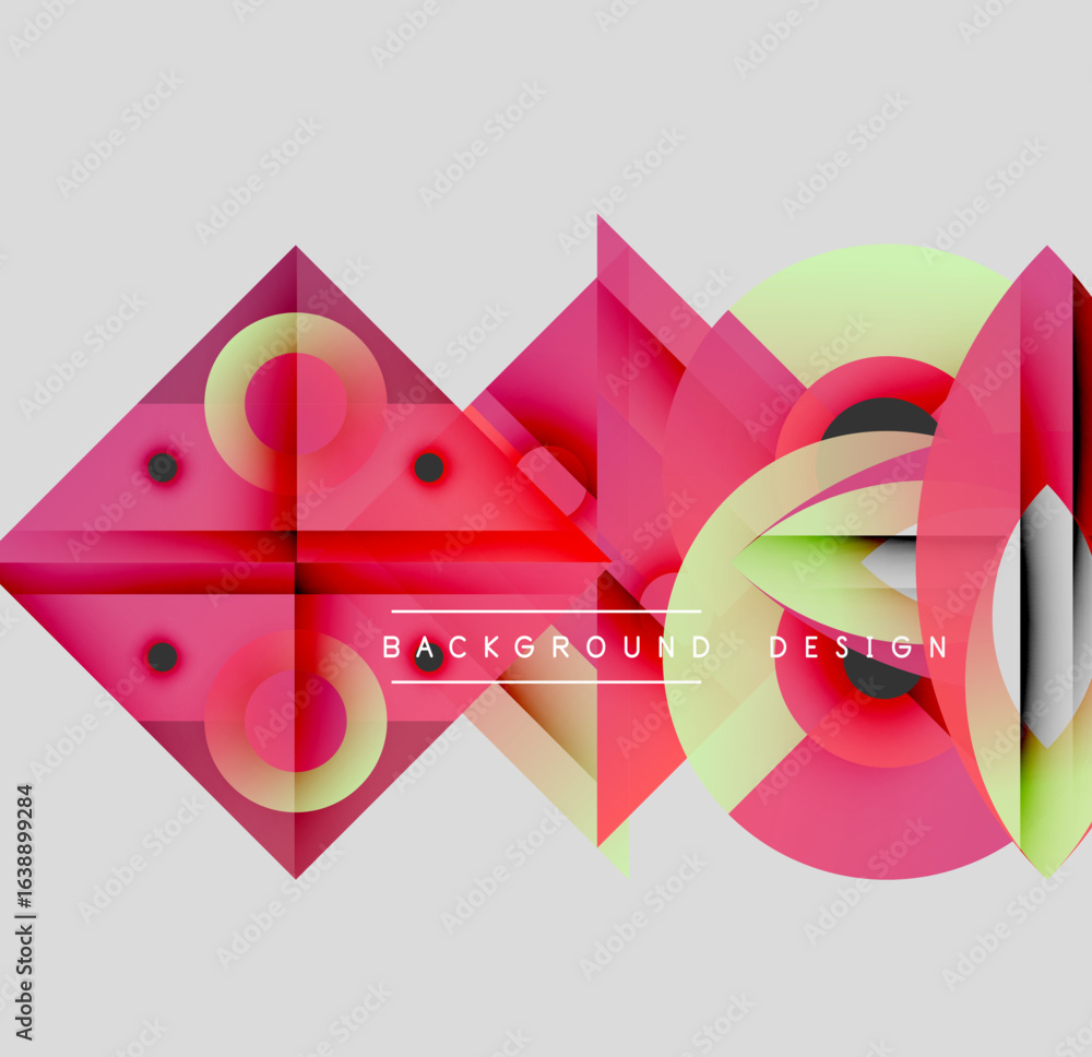 Poster abstract geometric composition. pink, green gradients form overlapping shapes. circles intersect tri