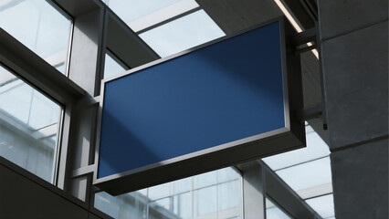 sign board rectangular, dark blue hanging on part of the building