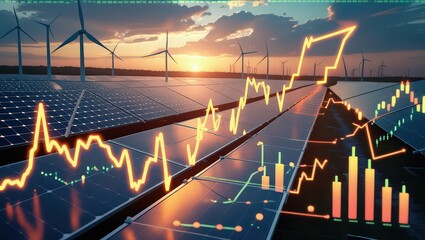 Solar panels and wind turbines with a superimposed stock market graph at sunset showing growth trend