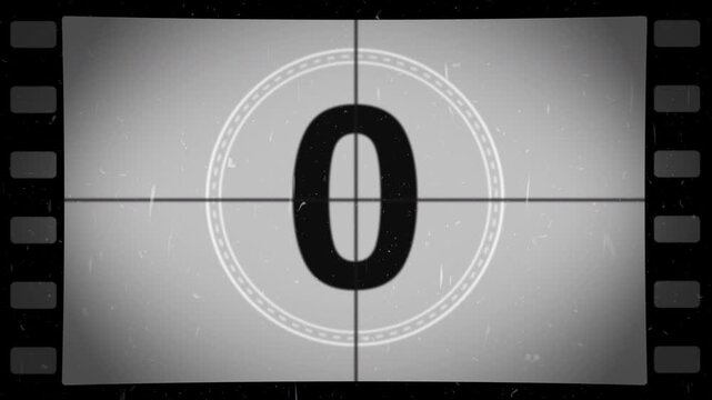 Old film countdown 5 to 0 in grey color. Vintage defocused movie look, flicker, grain and scratches effect. 4K animation.