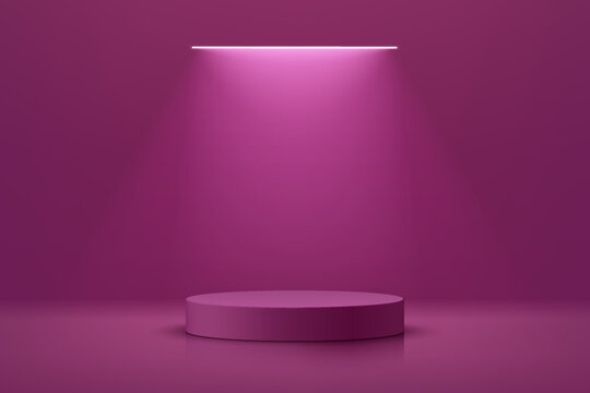 3D purple round product podium with ceiling neon lighting background. Abstract geometric composition in minimalist design. Studio display showroom stands pedestal, Fashion stage showcase mockup scene.