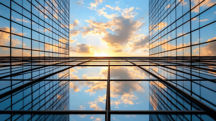 Modern skyscraper reflecting sunset sky with dramatic clouds and vibrant colors