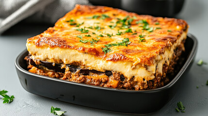 Creamy moussaka layered with eggplant and beef, topped with golden cheese, is delicious dish