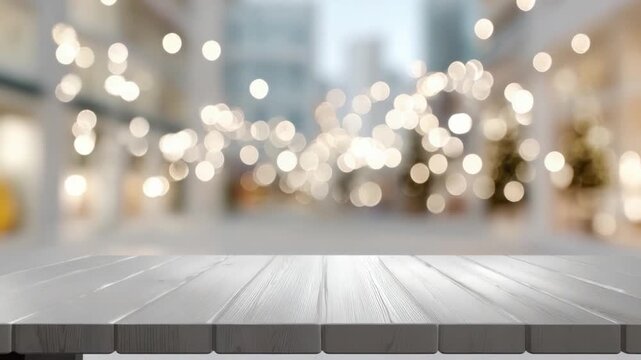 Empty Wooden Table in Bokeh City Lights: A sleek, empty wooden table stands in the foreground, its textured surface contrasted by the blurred, soft focus bokeh lights in the background.